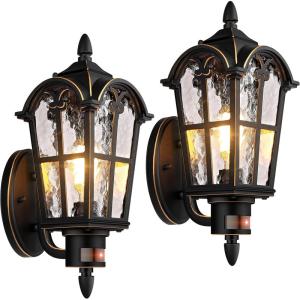 image16in 2Pack Large Motion Sensor Outdoor Wall Lights Dusk to Dawn Porch Lights Wall Mount Vintage Exterior Light Fixtures Sconces Lighting Black Wall Lanterns Outside Lights for House Front DoorBlack with Gold Trim