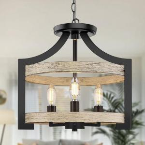 image3Light Rustic Farmhouse Pendant Hanging Light Adjustable Height Max 68in Convertible Vintage Semi Flush Mount Ceiling Light Fixture Black Metal Chandelier Walnut Wood Finish for Kitchen Dining RoomWooden Color