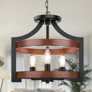 image3Light Rustic Farmhouse Pendant Hanging Light Adjustable Height Max 68in Convertible Vintage Semi Flush Mount Ceiling Light Fixture Black Metal Chandelier Walnut Wood Finish for Kitchen Dining RoomWalnut