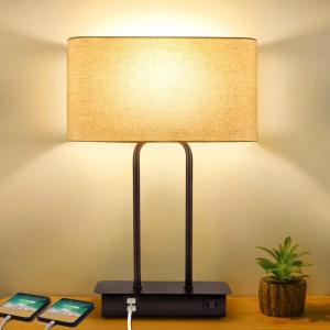 image3Way Dimmable Touch Control Table Lamp with 2 USB Ports and AC Power Outlet Modern Bedside Nightstand Lamp Fabric Shade and Metal Base for Guestroom Bedroom Living Room LED Bulb Included Warm WhiteCream