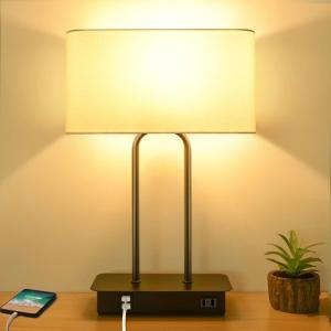 image3Way Dimmable Touch Control Table Lamp with 2 USB Ports and AC Power Outlet Modern Bedside Nightstand Lamp Fabric Shade and Metal Base for Guestroom Bedroom Living Room LED Bulb Included Warm WhiteWhite