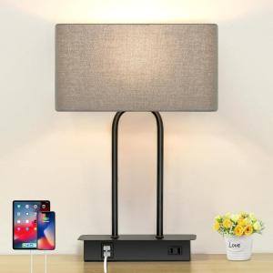 image3Way Dimmable Touch Control Table Lamp with 2 USB Ports and AC Power Outlet Modern Bedside Nightstand Lamp Fabric Shade and Metal Base for Guestroom Bedroom Living Room LED Bulb Included Warm WhiteGray