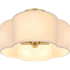 image4Light Semi Flush Mount Ceiling Light Fixture Gold Modern Close to Ceiling Lamp with White Fabric Shade Farmhouse Bright Lighting Brass Finish for Nursery Kids Room Bedroom Kitchen Hallway EntrywayWhite  Gold