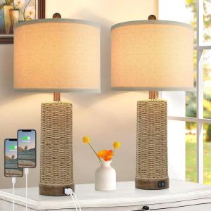 imageBesLowe 26quot Farmhouse Table Lamp for Bedroom Set of 2 Bedside Table Lamps with Handmade Seagrass Base and 2 USB Ports Rustic Rattan Nightstand Lamps for Coastal Living Room HomeBrown