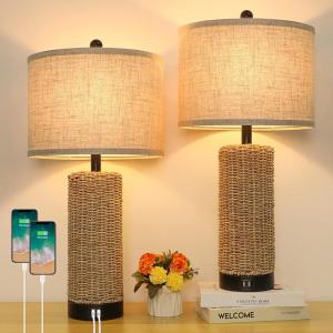 imageBesLowe 26quot Farmhouse Table Lamp for Bedroom Set of 2 Bedside Table Lamps with Handmade Seagrass Base and 2 USB Ports Rustic Rattan Nightstand Lamps for Coastal Living Room HomeBlack