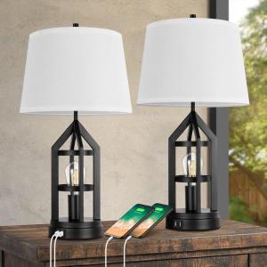 imageBesLowe 2Light Farmhouse Rustic Touch Table Lamps Grey 3Way Dimmable Bedside Lamps with 2 USB Ports for Bedroom End Table Lamps for Living Room with Gray Shades 4 LED Bulbs Included Set of 2Farmhouse