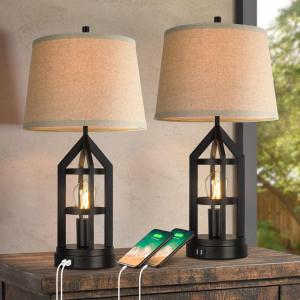 imageBesLowe 2Light Farmhouse Rustic Touch Table Lamps Grey 3Way Dimmable Bedside Lamps with 2 USB Ports for Bedroom End Table Lamps for Living Room with Gray Shades 4 LED Bulbs Included Set of 2Vintage