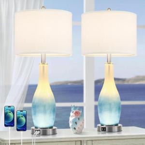 imageBesLowe 2Light Farmhouse Rustic Touch Table Lamps Grey 3Way Dimmable Bedside Lamps with 2 USB Ports for Bedroom End Table Lamps for Living Room with Gray Shades 4 LED Bulbs Included Set of 2Coastal
