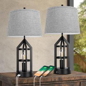 imageBesLowe 2Light Farmhouse Rustic Touch Table Lamps Grey 3Way Dimmable Bedside Lamps with 2 USB Ports for Bedroom End Table Lamps for Living Room with Gray Shades 4 LED Bulbs Included Set of 2Rustic