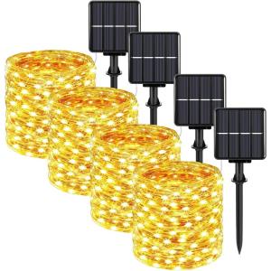 imageExtraLong 288FT 800LED Solar Fairy String Lights 4Pack 72FT 200 LED Outdoor Twinkle Lights Waterproof 8 Lighting Modes Cool White Silver Wire Lights for Deck Backyard Tree Garden Fence Pool PartyWarm White