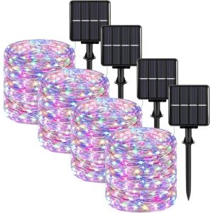imageExtraLong 288FT 800LED Solar Fairy String Lights 4Pack 72FT 200 LED Outdoor Twinkle Lights Waterproof 8 Lighting Modes Cool White Silver Wire Lights for Deck Backyard Tree Garden Fence Pool PartyMulticolor