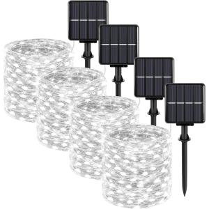 imageExtraLong 288FT 800LED Solar Fairy String Lights 4Pack 72FT 200 LED Outdoor Twinkle Lights Waterproof 8 Lighting Modes Cool White Silver Wire Lights for Deck Backyard Tree Garden Fence Pool PartyDaylight White