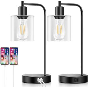 imageSet of 2 Industrial Touch Control Table Lamps with 2 USB Ports and AC Outlet 3Way Dimmable Bedside Nightstand Reading Lamps with Glass Shade for Bedroom Office Warm White LED Bulbs Included2700K