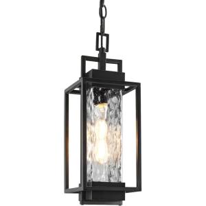 imageBesLowe 15 Outdoor Pendant Light with LED Bulb Modern Hanging Lantern Light for Outside with Water Ripple Glass Black Exterior Pendant Lighting Fixture Outdoor Chandelier for Front Porch Gazebo
