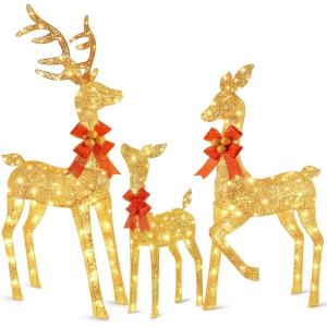 imageBesLowe 3Piece Large Lighted Christmas Deer Family Set Outdoor 5FT Christmas Reindeer Holiday Yard Decoration with 260 Bright LED Lights Stakes Zip Ties GoldGold