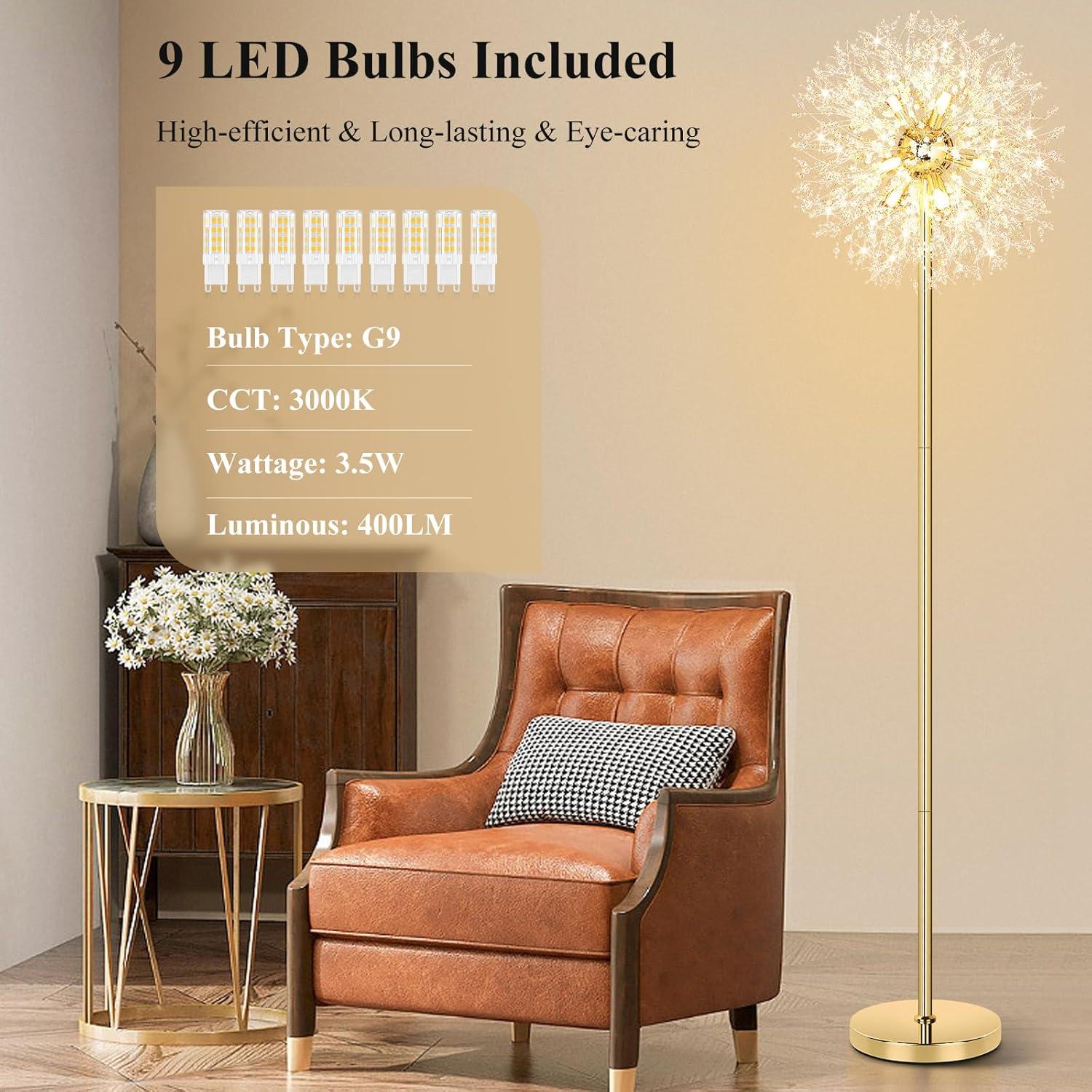 imageBesLowe 69 Crystal Floor Lamp for Living Room Modern Standing Lamp with 738PCS K9 Crystals Tall Lamp Pole Light for Bedroom Office Mid Century Floor Lighting with 9 LED Bulbs Rose GoldGold