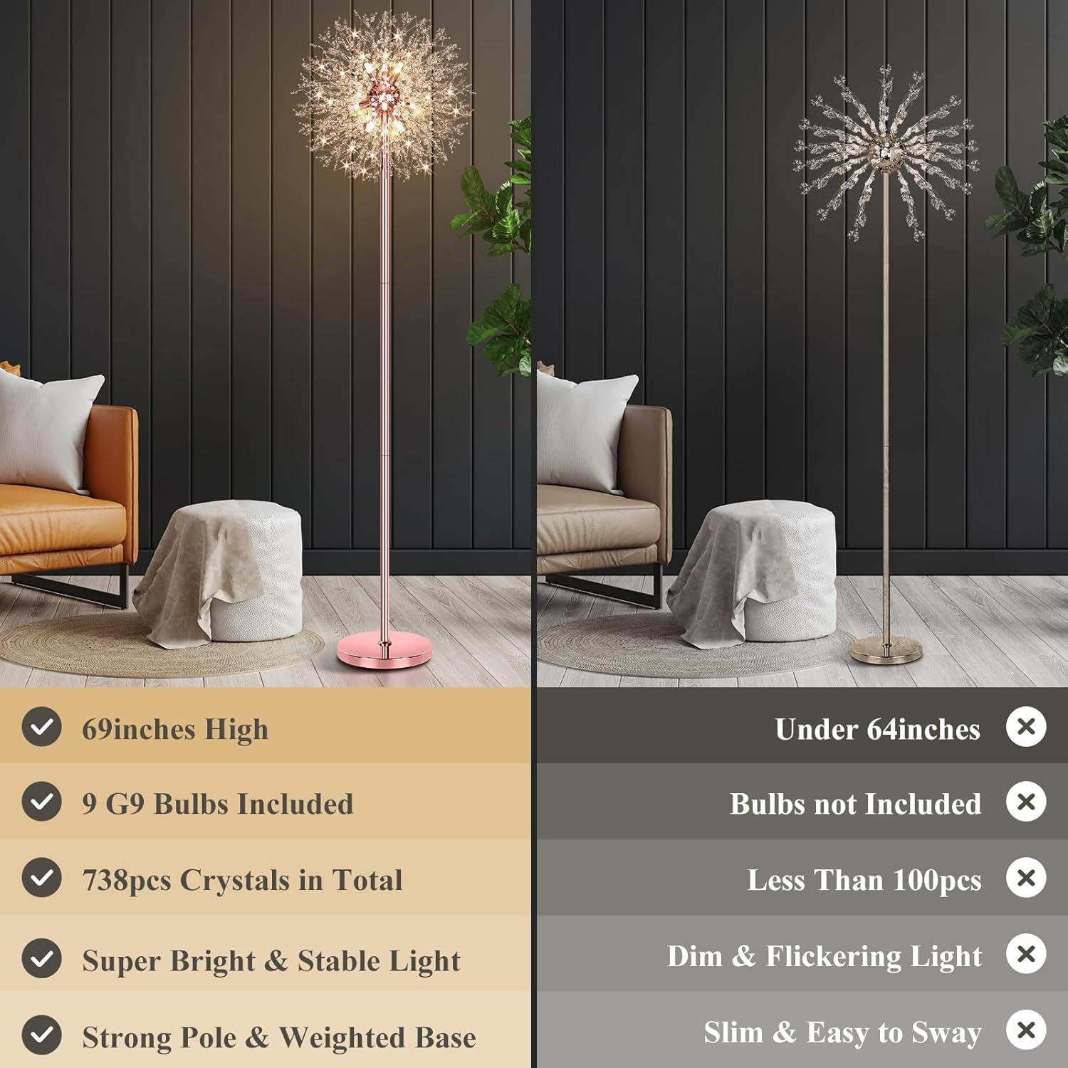imageBesLowe 69 Crystal Floor Lamp for Living Room Modern Standing Lamp with 738PCS K9 Crystals Tall Lamp Pole Light for Bedroom Office Mid Century Floor Lighting with 9 LED Bulbs Rose GoldRose Gold
