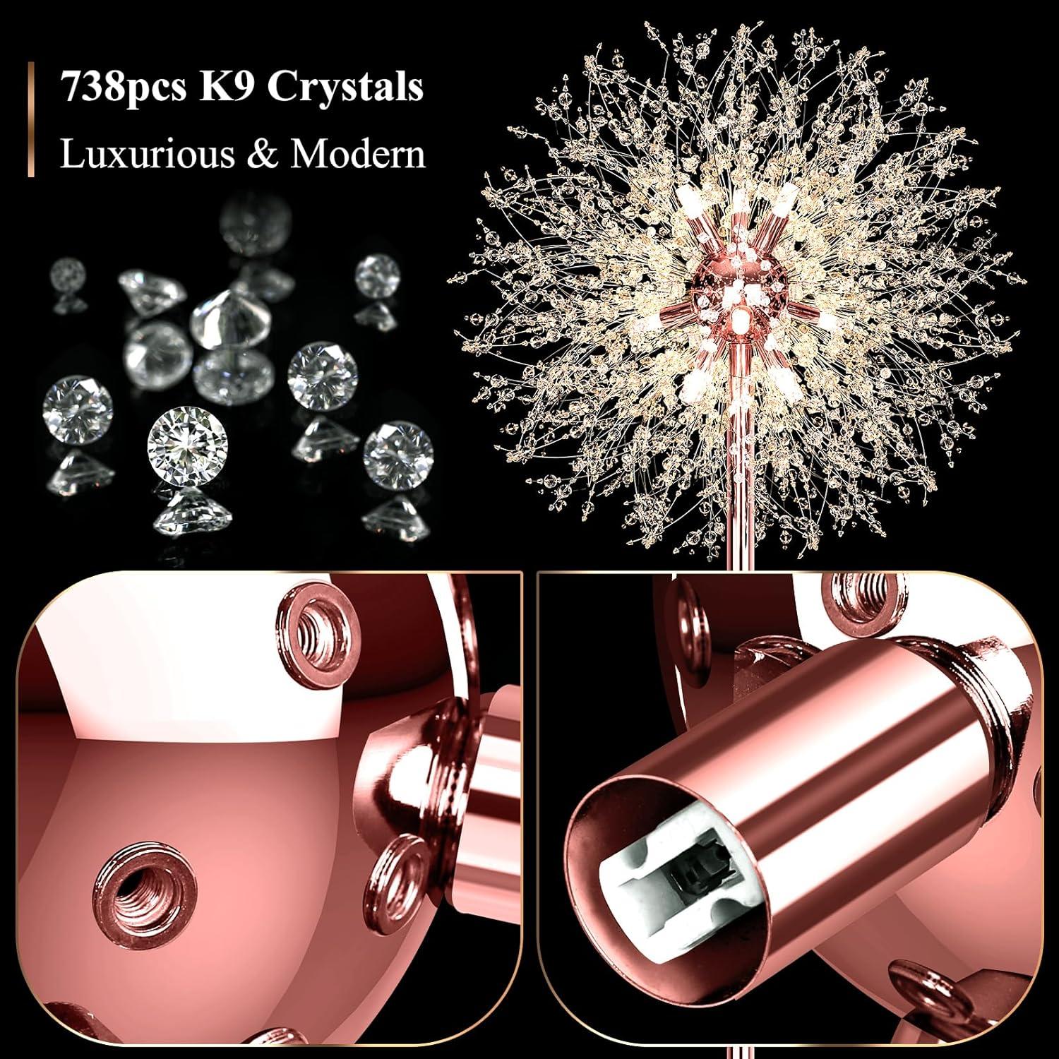 imageBesLowe 69 Crystal Floor Lamp for Living Room Modern Standing Lamp with 738PCS K9 Crystals Tall Lamp Pole Light for Bedroom Office Mid Century Floor Lighting with 9 LED Bulbs Rose GoldRose Gold