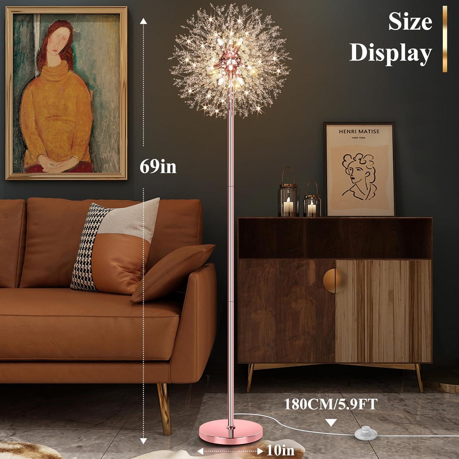 imageBesLowe 69 Crystal Floor Lamp for Living Room Modern Standing Lamp with 738PCS K9 Crystals Tall Lamp Pole Light for Bedroom Office Mid Century Floor Lighting with 9 LED Bulbs Rose GoldRose Gold