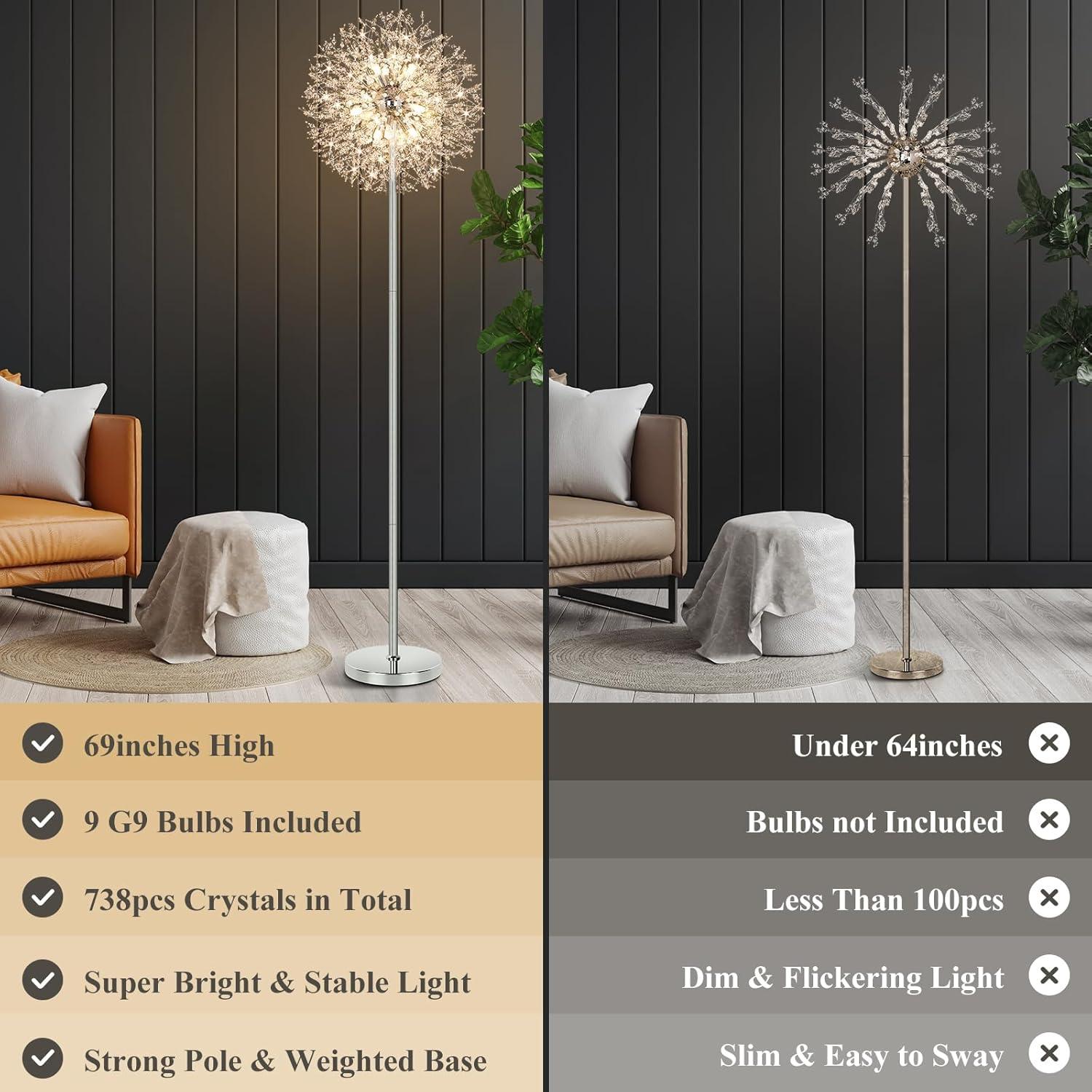 imageBesLowe 69 Crystal Floor Lamp for Living Room Modern Standing Lamp with 738PCS K9 Crystals Tall Lamp Pole Light for Bedroom Office Mid Century Floor Lighting with 9 LED Bulbs Rose GoldSilver