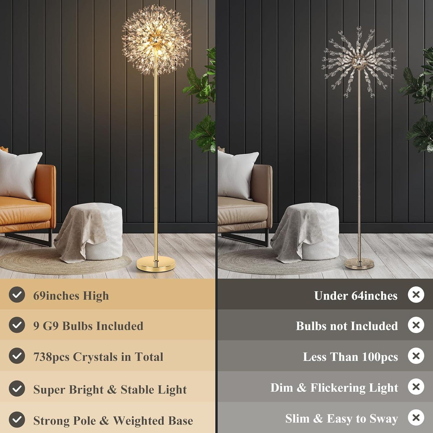 imageBesLowe 69 Crystal Floor Lamp for Living Room Modern Standing Lamp with 738PCS K9 Crystals Tall Lamp Pole Light for Bedroom Office Mid Century Floor Lighting with 9 LED Bulbs Rose GoldGold