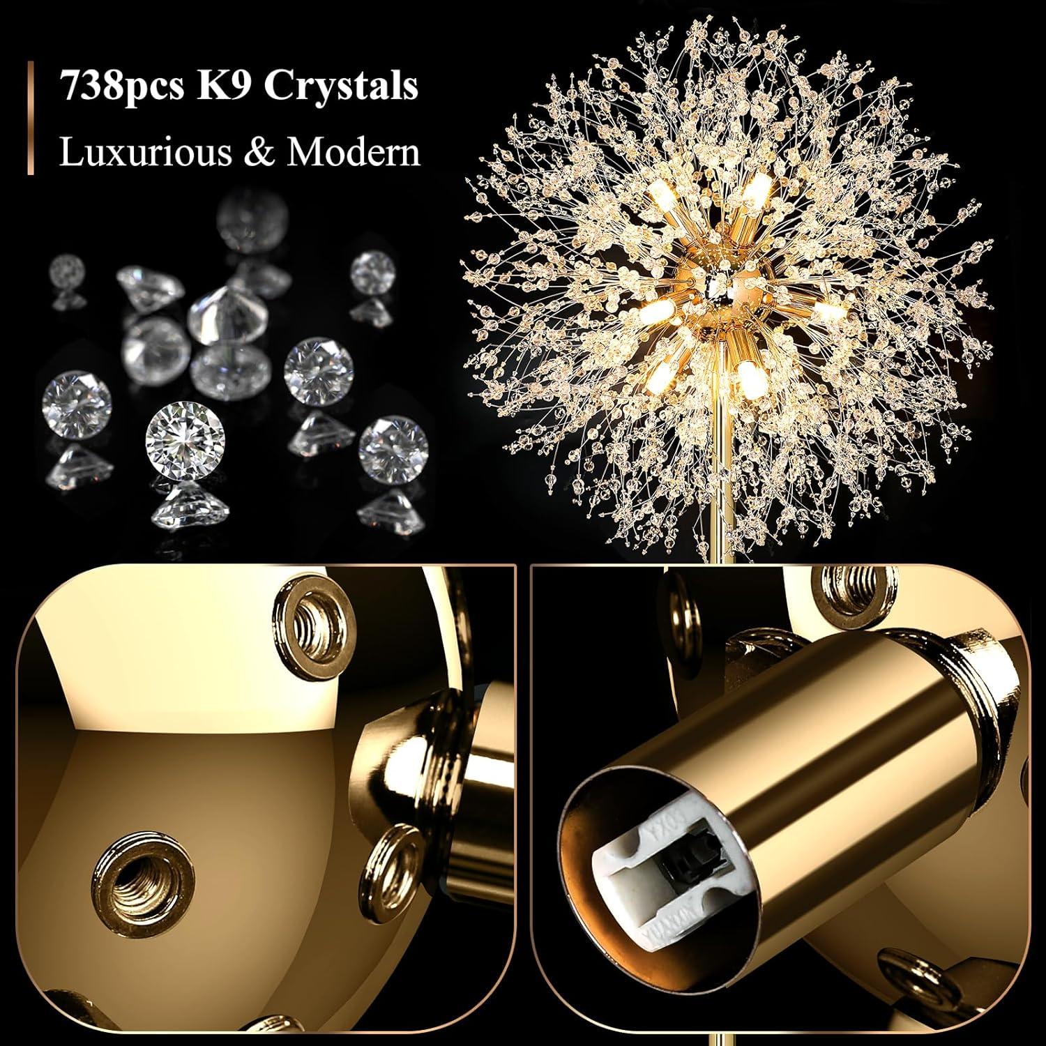 imageBesLowe 69 Crystal Floor Lamp for Living Room Modern Standing Lamp with 738PCS K9 Crystals Tall Lamp Pole Light for Bedroom Office Mid Century Floor Lighting with 9 LED Bulbs Rose GoldGold
