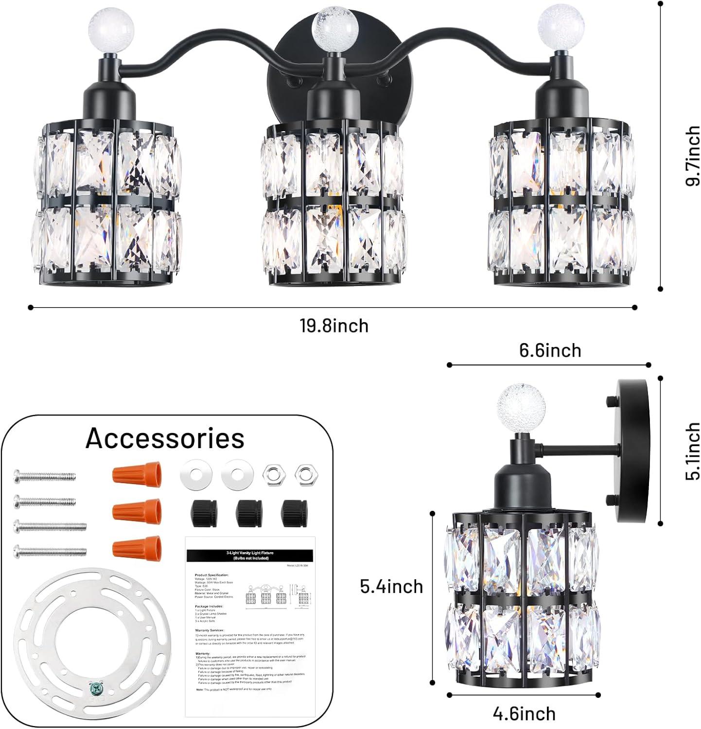 imageBesLowe Bathroom Vanity Light Modern Crystal Vanity Light Fixture 3Light Bathroom Lighting Fixture Over Mirror Crystal Sconce Wall Mounted Lighting Matte Black