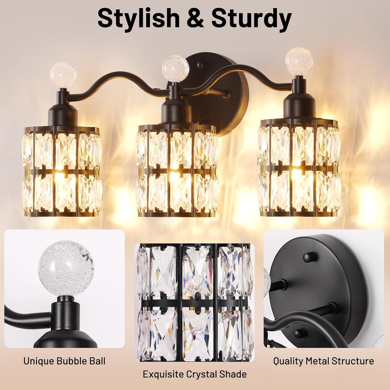 imageBesLowe Bathroom Vanity Light Modern Crystal Vanity Light Fixture 3Light Bathroom Lighting Fixture Over Mirror Crystal Sconce Wall Mounted Lighting Matte Black