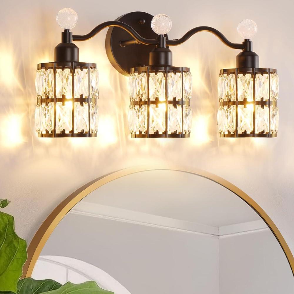 imageBesLowe Bathroom Vanity Light Modern Crystal Vanity Light Fixture 3Light Bathroom Lighting Fixture Over Mirror Crystal Sconce Wall Mounted Lighting Matte Black