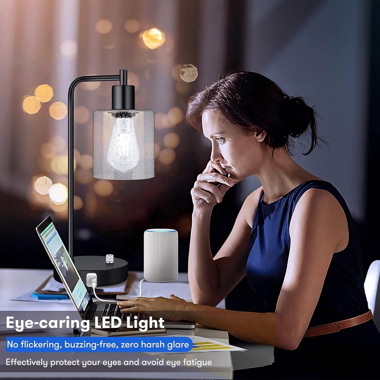 imageSet of 2 Fully Stepless Dimmable Industrial Table Lamps with 2 USB Ports ampamp AC Outlet Bedside Nightstand Desk Lamps with Seeded Glass Shades for Bedroom Dorm Living Room 2 7W 5000K LED Bulbs Included