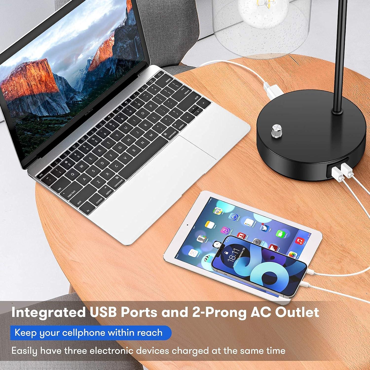 imageSet of 2 Fully Stepless Dimmable Industrial Table Lamps with 2 USB Ports ampamp AC Outlet Bedside Nightstand Desk Lamps with Seeded Glass Shades for Bedroom Dorm Living Room 2 7W 5000K LED Bulbs Included