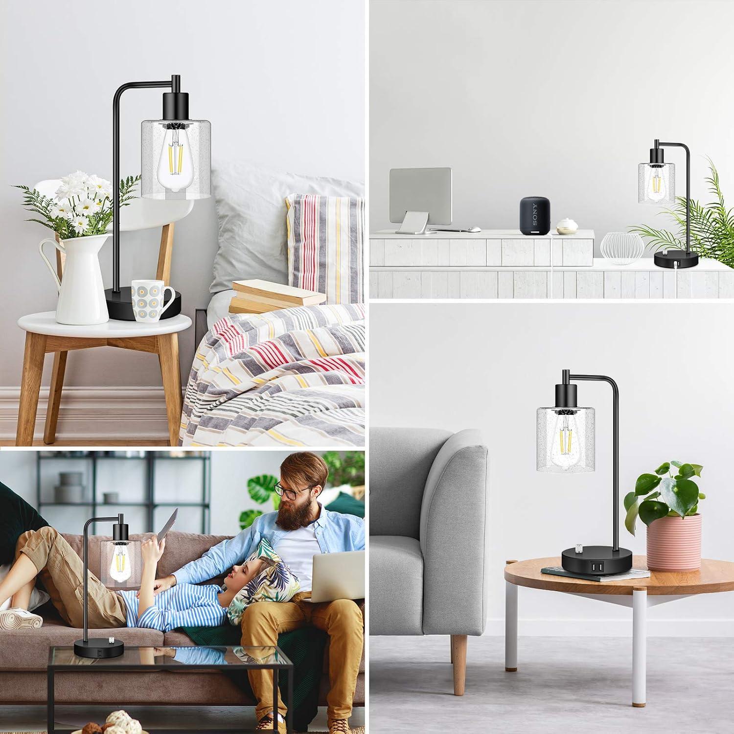 imageSet of 2 Fully Stepless Dimmable Industrial Table Lamps with 2 USB Ports ampamp AC Outlet Bedside Nightstand Desk Lamps with Seeded Glass Shades for Bedroom Dorm Living Room 2 7W 5000K LED Bulbs Included
