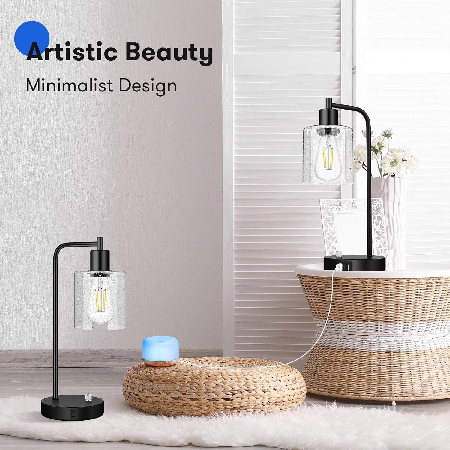 imageSet of 2 Fully Stepless Dimmable Industrial Table Lamps with 2 USB Ports ampamp AC Outlet Bedside Nightstand Desk Lamps with Seeded Glass Shades for Bedroom Dorm Living Room 2 7W 5000K LED Bulbs Included