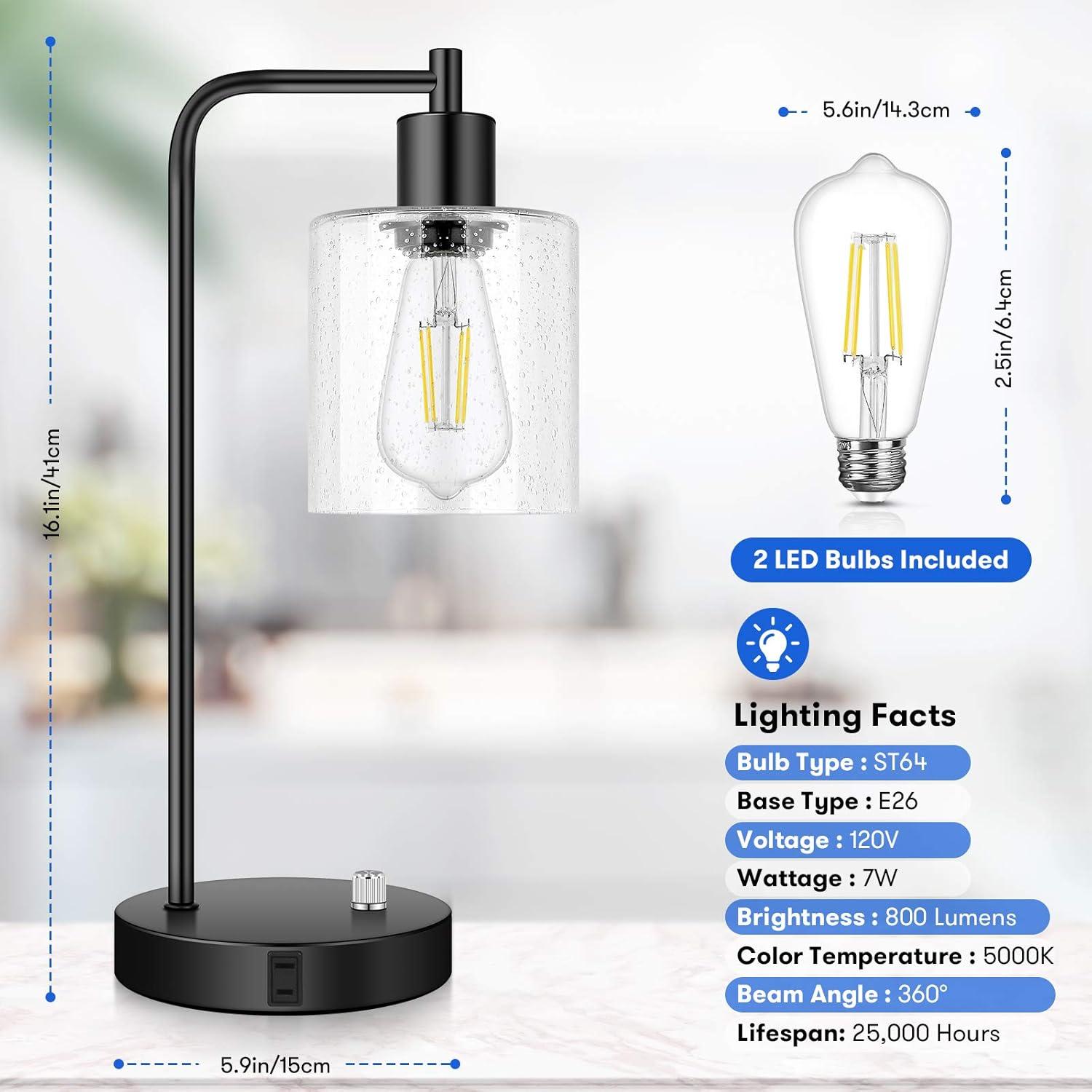 imageSet of 2 Fully Stepless Dimmable Industrial Table Lamps with 2 USB Ports ampamp AC Outlet Bedside Nightstand Desk Lamps with Seeded Glass Shades for Bedroom Dorm Living Room 2 7W 5000K LED Bulbs Included