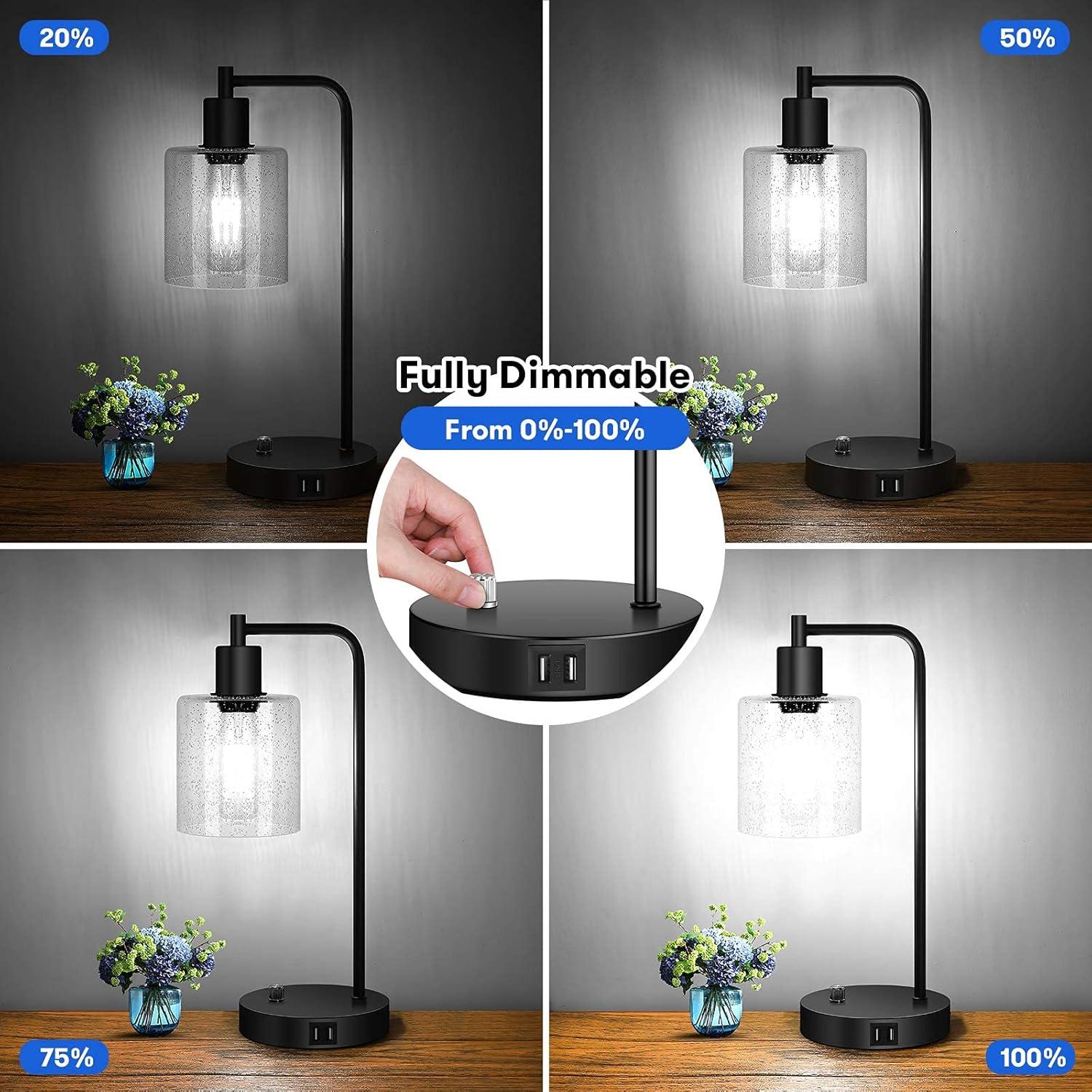 imageSet of 2 Fully Stepless Dimmable Industrial Table Lamps with 2 USB Ports ampamp AC Outlet Bedside Nightstand Desk Lamps with Seeded Glass Shades for Bedroom Dorm Living Room 2 7W 5000K LED Bulbs Included
