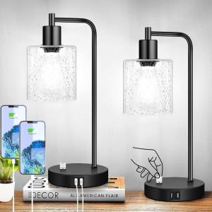 imageSet of 2 Fully Stepless Dimmable Industrial Table Lamps with 2 USB Ports ampamp AC Outlet Bedside Nightstand Desk Lamps with Seeded Glass Shades for Bedroom Dorm Living Room 2 7W 5000K LED Bulbs Included