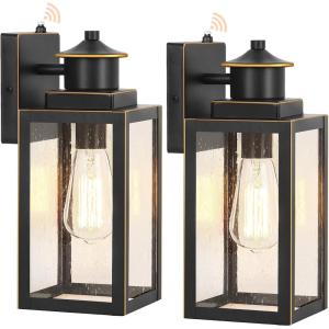 imageBesLowe 2Pack Dusk to Dawn Outdoor Wall Lights Modern Porch Lights Outdoor Sconces with Seeded Glass Matte Black Exterior Lighting Fixtures Wall Mount Outside Lights for House Front Door GarageBlack with Gold Trim
