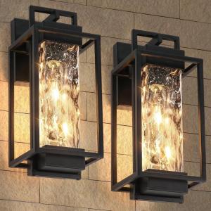 image:imageBesLowe 2Pack Modern Outdoor Wall Lights with 2 LED Bulbs 15 Exterior Lighting Fixtures Wall Mount with Water Ripple Glass Black Porch Lights Outdoor Wall Sconces Outside Lights for House GarageModern