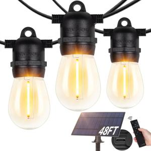 image:imageBesLowe 48FT S14 Solar String Lights Outdoor with Remote Controller Solar Powered Patio Lights Waterproof with LED Edison Bulbs Dimmable Hanging Lights for Outside Backyard Porch USB Rechargeable48FT
